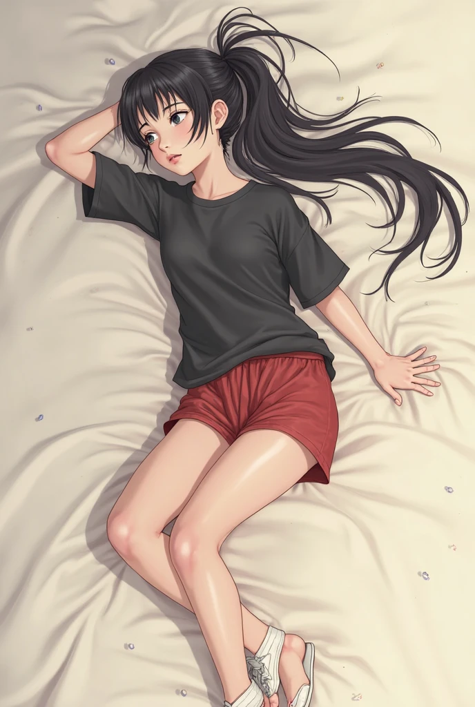 sexy woman lying on the bed in short black and red jeans full of love to give and torn and wet clothes