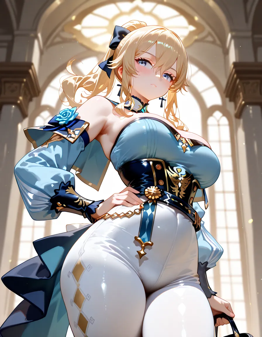 (extremely detailed CG unity 8k wallpaper,masterpiece, best quality, ultra-detailed, beautiful detailed eyes:1.2), high saturation, 1girl, barbara \(genshin impact\), frilled dress, bare shoulders, blonde hair, twintails, dancing, church, smile, looking at viewer,