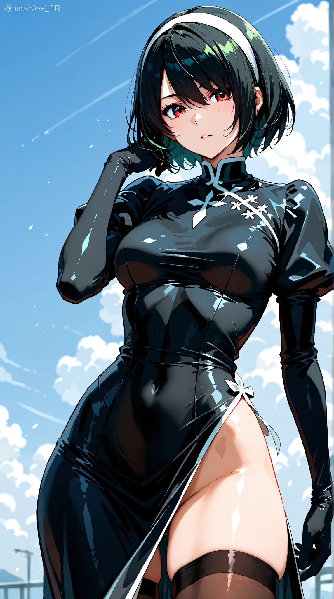 (masterpiece, best quality:1.2), cowboy shot, solo, 1girl, tatsumaki, lustful, closed mouth, looking at the viewer, abs, ass, wide hips, black dress, blue sky, clouds, erotica
