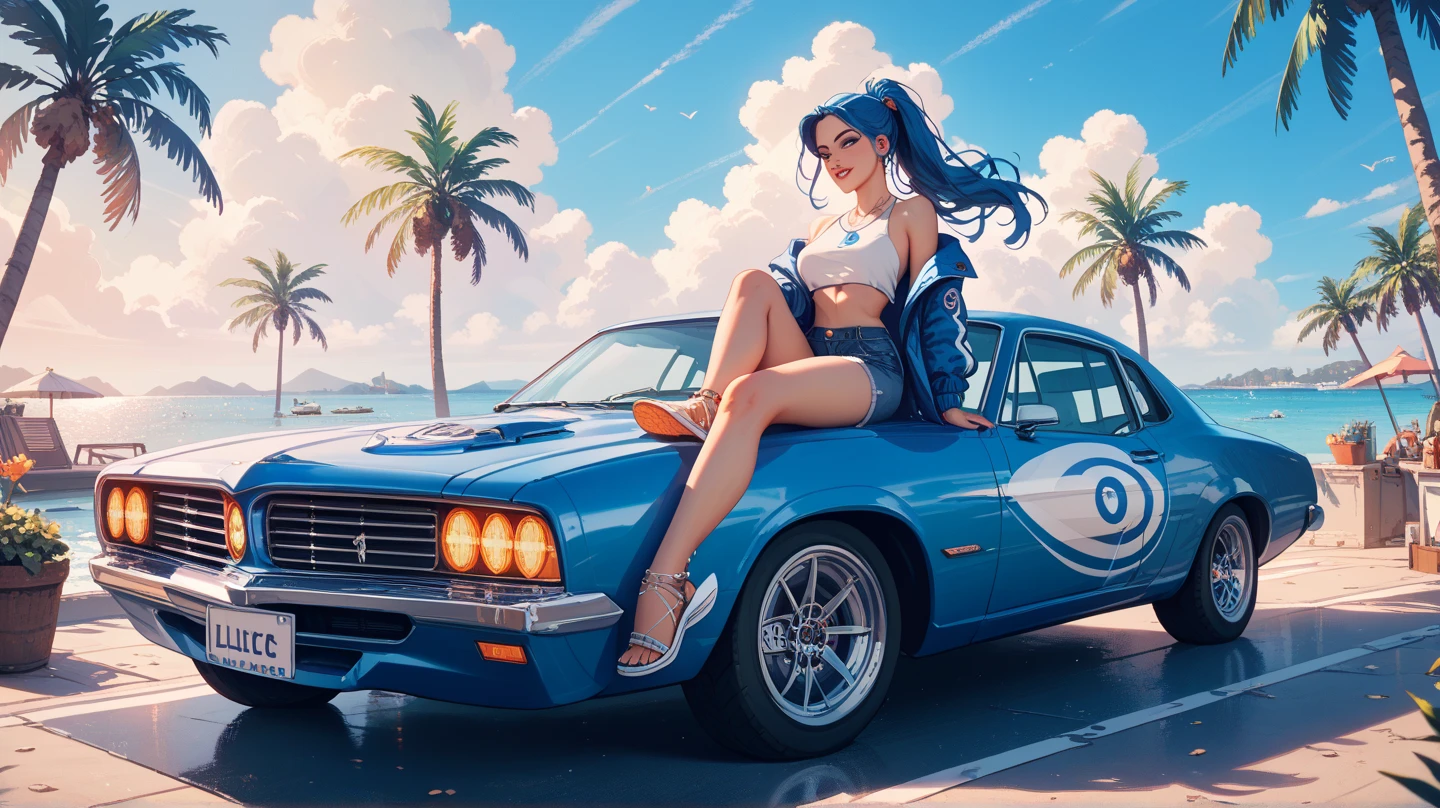 flag, <lora:Murica-v1:1>, cleavage, sports bra, detailed face, colorful clothing, park, sky, trees, choker, bodycon minidress, breasts, face, eyes, vibrant hair, masterpiece, best quality, full body, bending forwards, realistic, looking up at viewer, looking down at subject, heels, hands, fingers, arms down at side