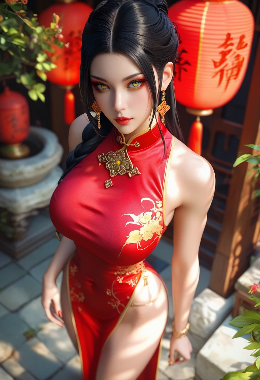 Photo of a woman with natural skin, Upper Body, Seaside cave, The light is shining in, High Twintails, Black hair with red mesh, Sharp eyes with red eyeshadow, Blue-green eyes, Shining eyes, A thin, upturned nose, Well-shaped lips, Big Breasts, ((China dress)), barefoot, Makeup, Exquisitely crafted with the utmost attention to detail, Vibrant, amazing, Smooth, Cinematic, 4K, Backlight, (()), Shallow depth of field, ((Detailed eyes:1.3, Detailed lips:1.3, high quality, )), masterpiece, Super detailed images, High quality