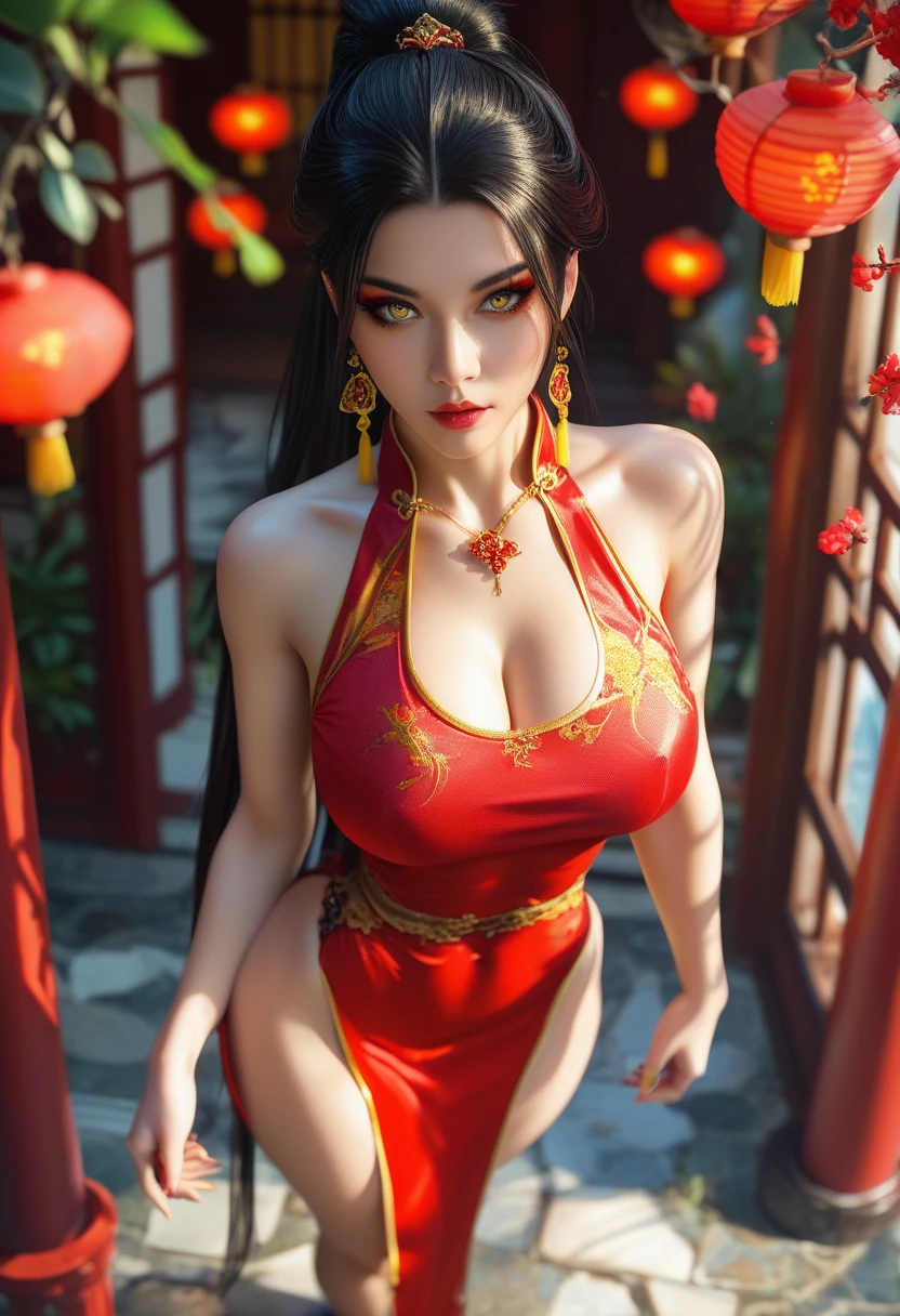 1 girl,standing posture,Dancing sleeves,nighttime,RED moon,(( ancient Hanfu)),gem tassel,( huge breasts),cleavage,shiny skin, red lips,( tattoos:1.2), masterpiece, best quality, realistic ,Rich artistic colors, 8K,Portrait art,solo, tamaki