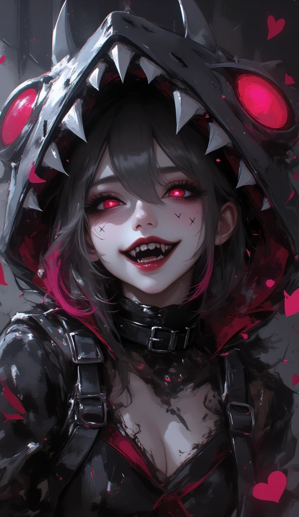tmasterpiece,Close-up of a woman with blood red eyes,grinning smile,Red and black gradient hair,Confused pupils,style of junji ito,Morbid style,Shy,Stitch marks on the face,Black and white clothes,with red and black background,Highest image quality,fearsome,8K