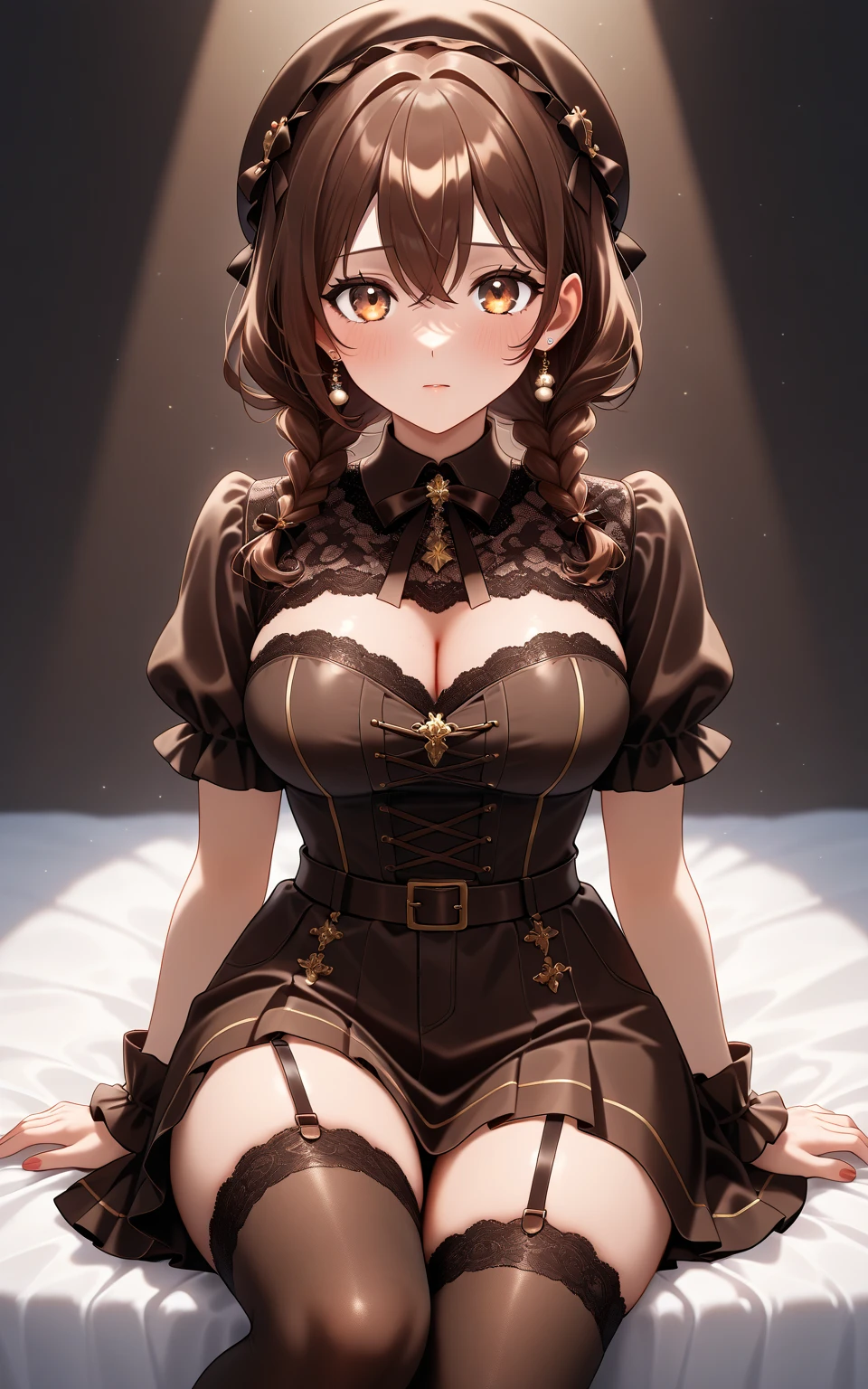 Cute girl, short curly brown hair, brown eyes, big breasts, black dress 