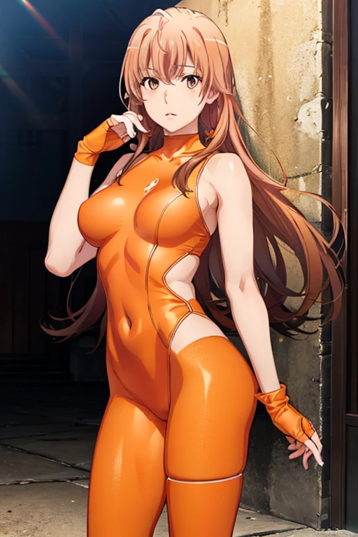 1woman, big breasts, tiny waist, big butt, wearing orange prison jumpsuit, cleavage, orange hair, wavy hair, long hair, exposed forehead, orange eyes, smiling, hands hancuffed, in prison cell, cute, long eyashes