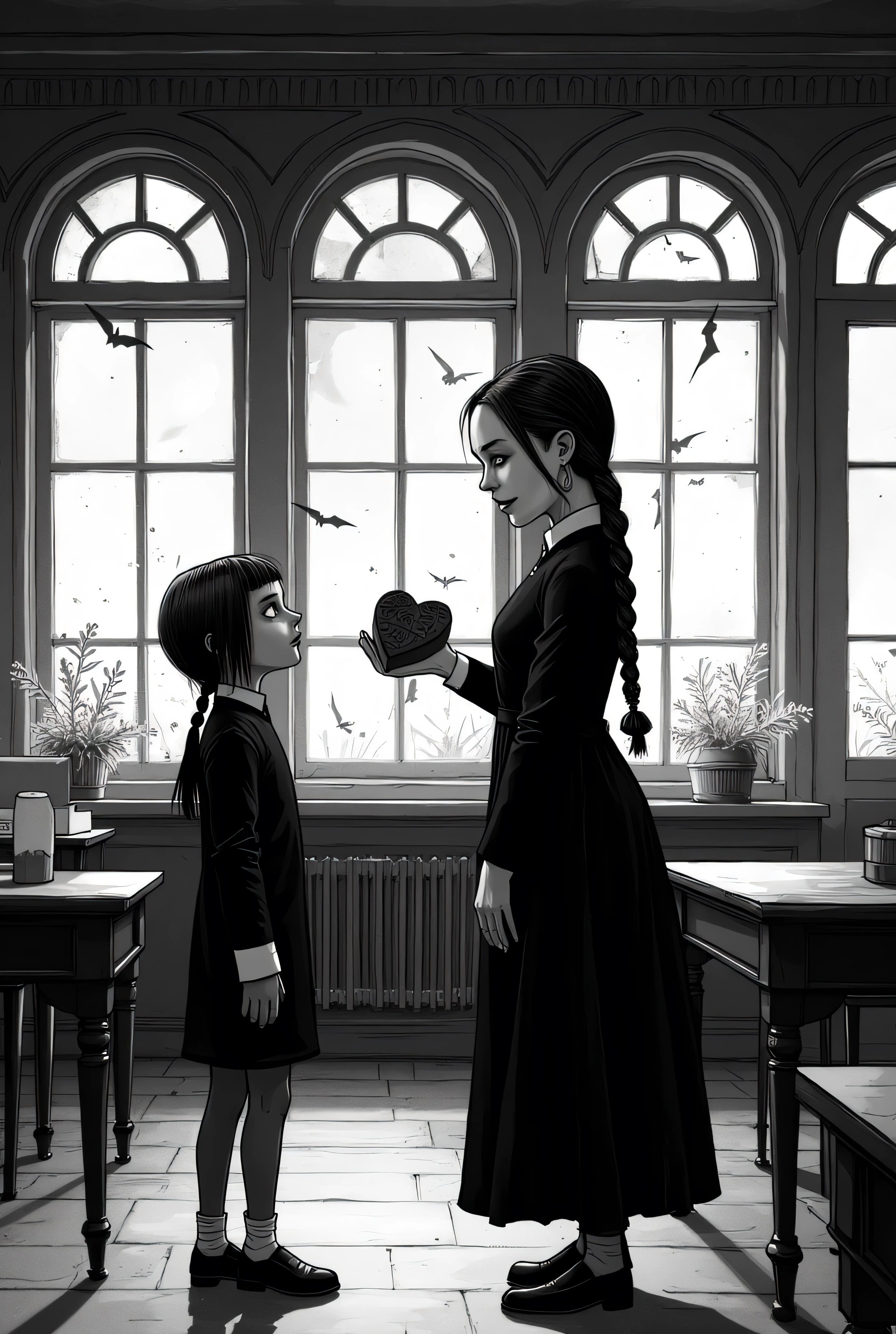 wednesday addams, black victorian mourning dress, pale skin, dark eyes, brunette, braided pigtails, thin figure, insincere smiling expression, offering hesart-shaped box of chocolates, unsuspecting classmate, boarding school classroom, gothic architecture, creepy atmosphere, humorous, dark fantasy, high quality, 4k, ink drawing, detailed, monochrome, lineart, illustration by Edward Gorey