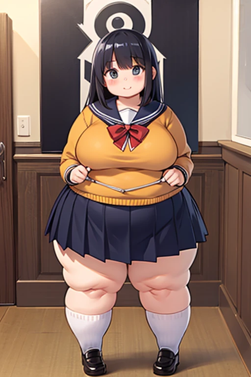 anime character of a woman in a skirt and knee high boots, thicc, , she has a jiggly fat round belly, a hyperrealistic uniform, , oppai, bbwchan, realistic , oppai proportions, large thighs, hyperrealistic full figure, thick body, heavy detailed,