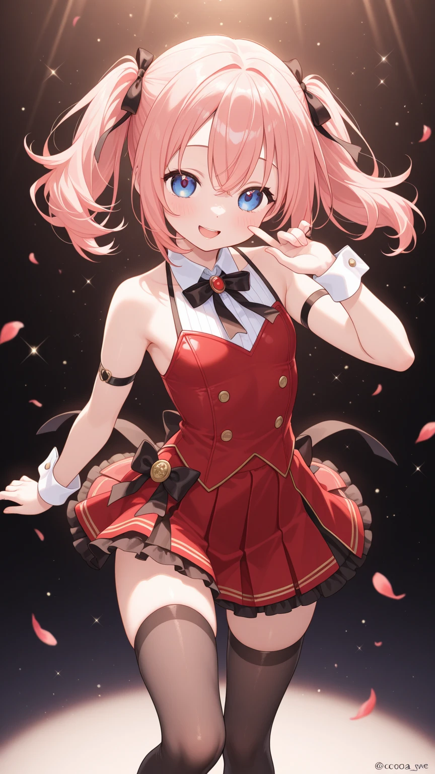 2D, masterpiece, highest quality, anime, Very detailed, whole body, 1 girl, alone, Marine_Idol, hololive Idol uniform, White ribbon, White gloves, Red ribbon, Red bow tie, Layered skirt, Navel clipping, Mismatched legwear, Red Stockings, Black Stockings, Heterochromia iridis, Red eyes, Yellow Eyes, Break Stage, Red light, Dynamic pose, smile