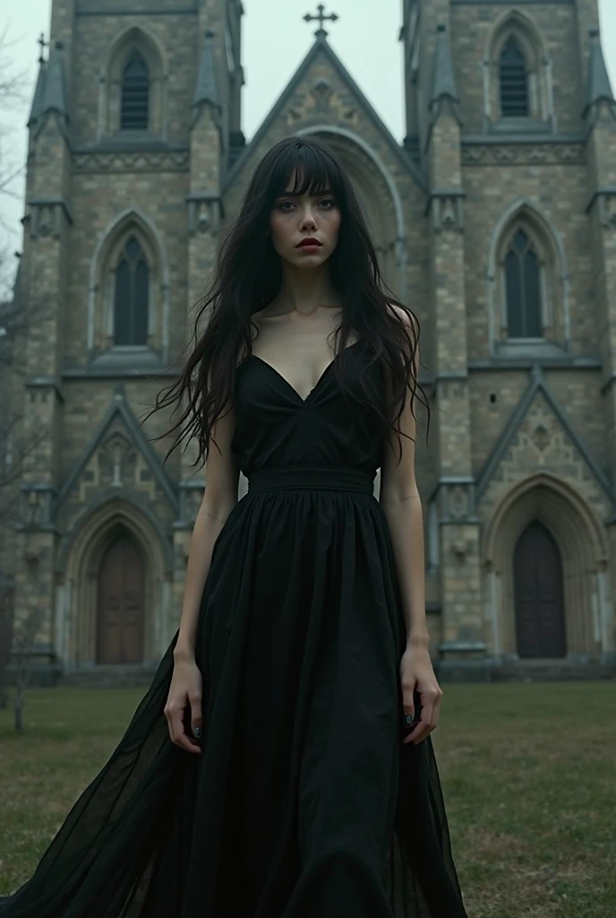 12-year-old girl similar to Chloë Grace Moretz, with long red hair, wearing a long transparent sexy black dress, in a creepy cemetery at night. Ultra-realistic image, high quality, 88mm, sharp background, night, perfect hands, cute young face, 12 year old young female body, super detailed, 8k, full body shot