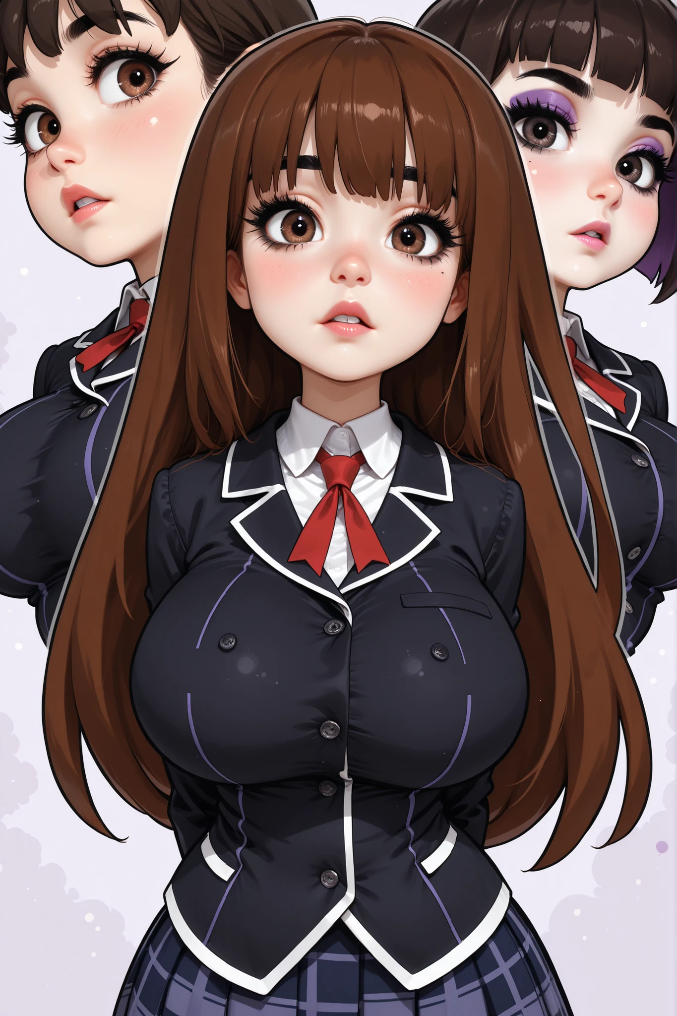 (school uniform, Black uniform), (perfect face, perfect body), dark brown hair, very long bangs hair, black thin eyebrows, dark brown eyes, (black eyelashes, black eyeliners, purple eyeshadows), nose, normal lips, light red lips, parted lips, (big breasts, perfect breasts), arms behind back, looking at viewer, (park school, beautiful school)