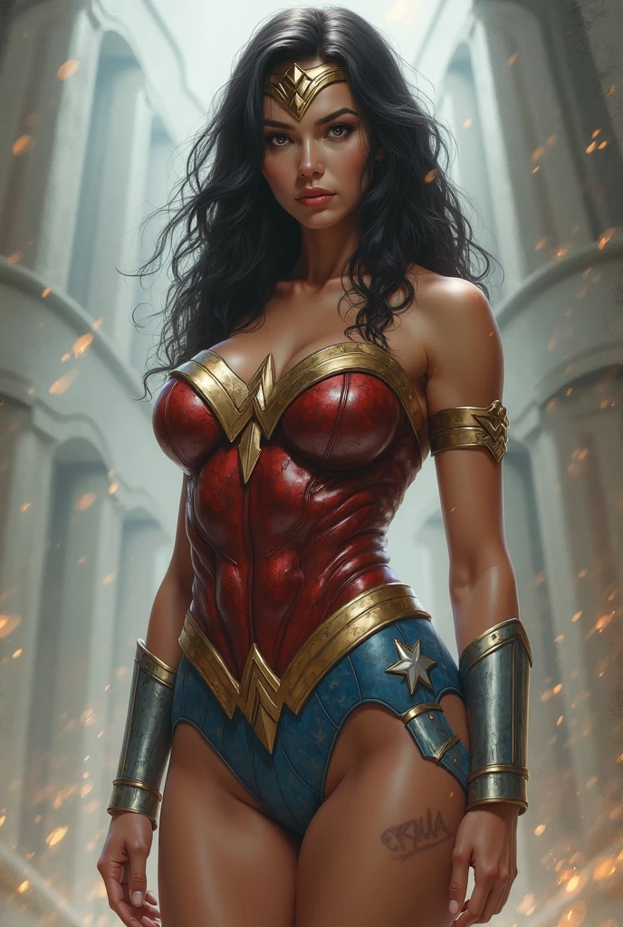 (masterpiece, top quality, best quality, official art, beautiful and aesthetic:1.2), (1girl:1.3), long and curly dark brown hair, extremely detailed, portrait, looking at viewer, solo, (full body:0.6), detailed background, close up, mischievous eyes, (warm summer castle theme:1.1), sorceress, charlatan, smirk, mysterious, walking in courtyard, revealing ((dark red)) sorcerer attire, red knee-length red skirt, off shoulder, straps, long sleeves, loose sleeves, cloak, corset, black leggings, black trousers, black pants, long brown boots, buckles, straps, pouches, magic energy, red fabric, white trim, ((((gigantic breasts, cleavage, skindentation)))), slim waist, slim hips, long legs, medieval (castle exterior:1.1) background, dark mysterious lighting, shadows, magical atmosphere, dutch angle