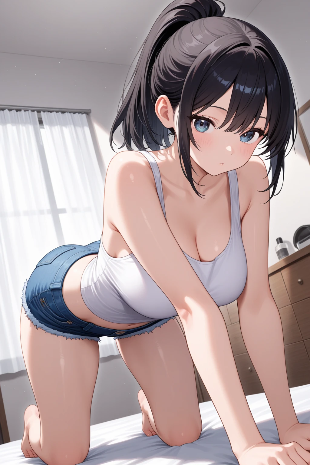 Anime Kawaii sexy Perfect Slim sensual body large breast and huge thighs, An intricate and highly detailed illustration of anime (Young girl). (8k、Superior image quality、Maximum quality、Masterpiece artwork)、A detailed face、1 girl in、A brunette、hypdertailed、clear blue eyes、piercings、sorriso nefasto、very Bigger breasts、white shirt、sleeveless、Broad Hips、light blue denim、Long pants、cowboy shot、put your hands on your hips、ass pov、city background