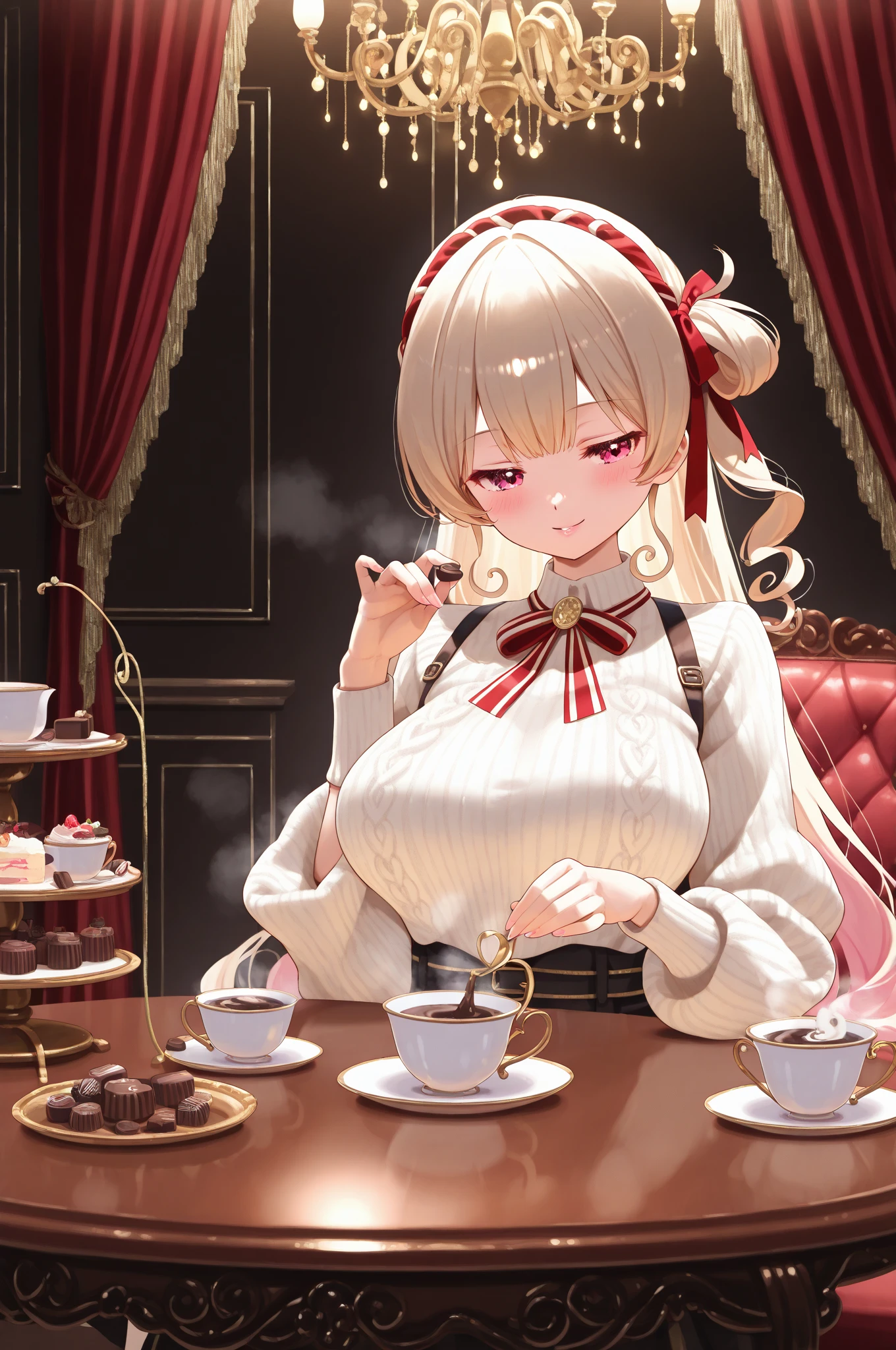 Anime Kawaii sexy Perfect Slim sensual body large breast and huge thighs, An intricate and highly detailed illustration of anime (Young girl)  (Masterpiece, best quality), (ultra high resolution, 8K RAW photo, photo realistics:1.5, textile shading, thin outline), Beautuful Matured woman preparing tea-time, (tea set, tea pot, tea cups), wearing traditional sick maid uniform, maid costume:1.2, long flare skirts, apron, Tall and long legs, long white hair, wearing rimless grasses, (milf:1.5, 28 years old, solo), (large breast, sagging breast, big , narrow waist), (long white hair, hair over one eye, half updo, asymmetric hair, wavy hair), (bright pupils, detailed eyes, high detailed face, Perfect face shape, eye rush), (seductitve smiling, half-closing eyes), (looking at viewers:1.3), (dynamic angle, tighs focus, from side above:1.2), (correct ???????:1.5, correct hands), (ideal ratio of body proportions),