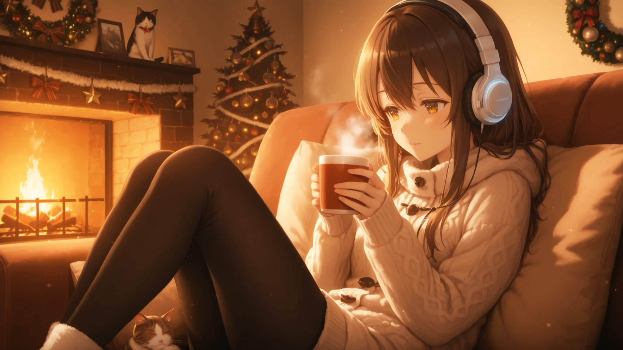 Anime-style girl relaxing on a cozy sofa in front of a fireplace, surrounded by Christmas decorations, warm ambient lighting, holding a cup of cocoa while listening to music with headphones, a cat curled up beside her, peaceful and homey winter scene, soft focus and warm tones

