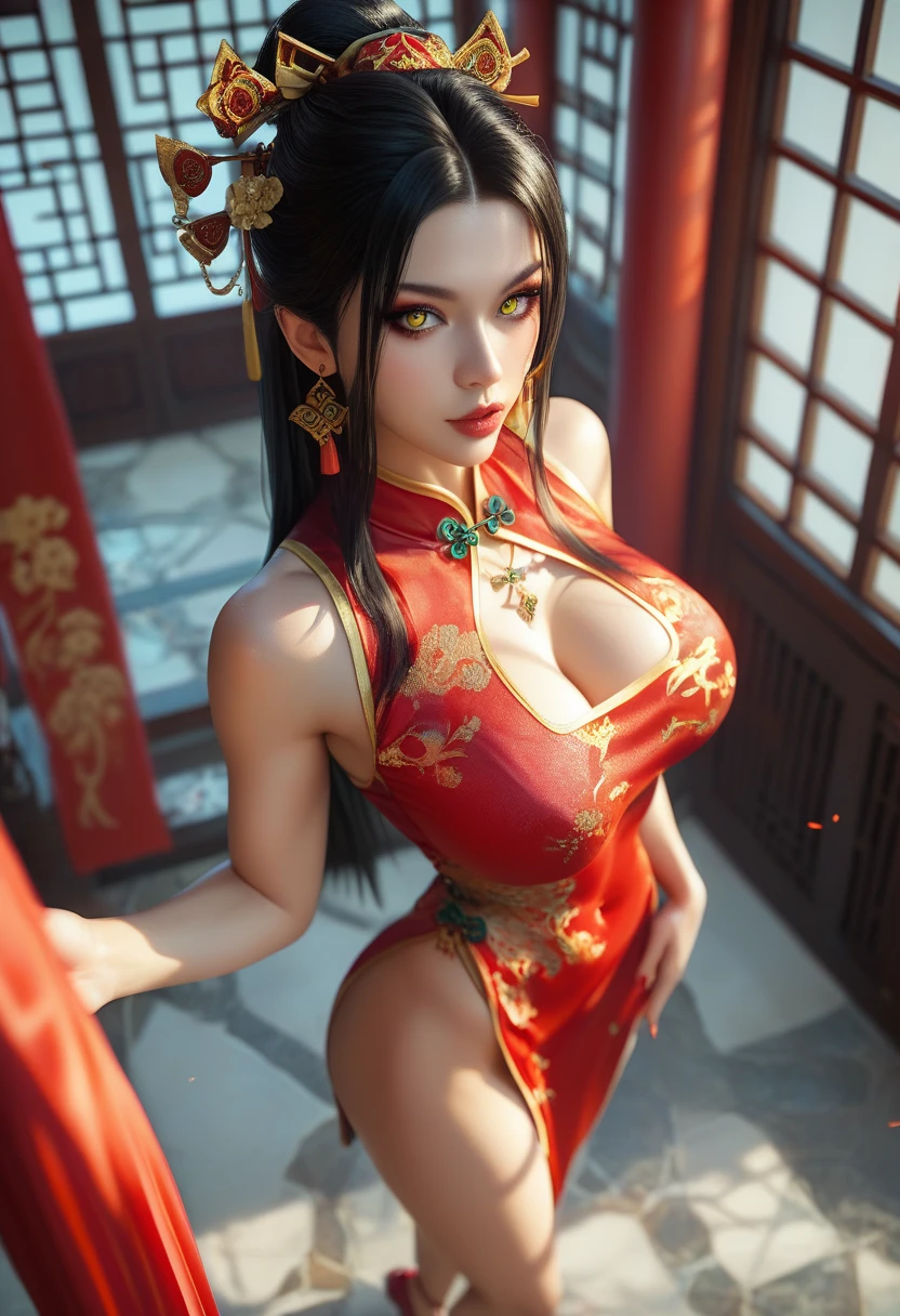 (RAW photo, best quality), Cute girl with short black hair, (ponytail), (city roof at night background), low light , dark eyeliner, happy smile, gorgeous face , super cute, 18 years old , young looking, hyper detailed face, dark eyeliner, (medium breast), (thin waist, super slender), (bare shoulders, (exposed hips), skintight and red PVC qipao china dress with yellow dragon decoration and vivid patterns, deep black leather thigh high boots, red PVC arm sleeves with yellow flower decorations and vivid patterns, cleavage, ((both hands on waist)), one leg in front of the other, (((barely exposed navel))), (((navel piercing)))