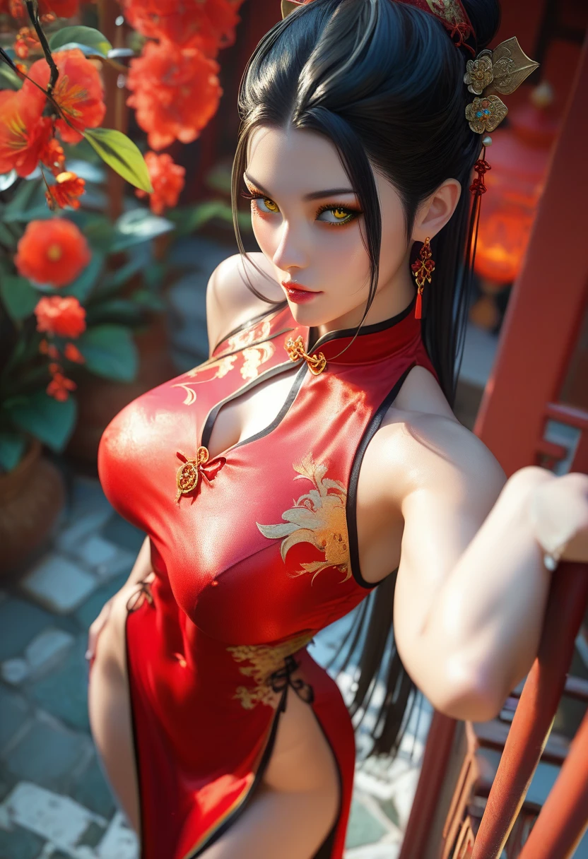 Beautiful Chinese woman with flirtatious smile, Wearing golden lace, red and yellow Hanfu, Drop your shoulders, seductive cleavage, Yellow eyes, Focus on the audience, state's, split, HD, UHD, Wallop, artistic sprout, long braid hair, grow long hair, realistic eyes, Very detailed目, natural skin, natural skin texture, Scattered under the surface, calm colors, skin pores, perfect face, perfect eyes, perfect lips, Soft female form, outstanding, cinematic, Cinema lights, Very detailed, surreal, masterpiece, in the atmosphere, High resolution, Lively, high contrast, Vignetting, 8K, HDR, 500 pixels, Look from above, bust