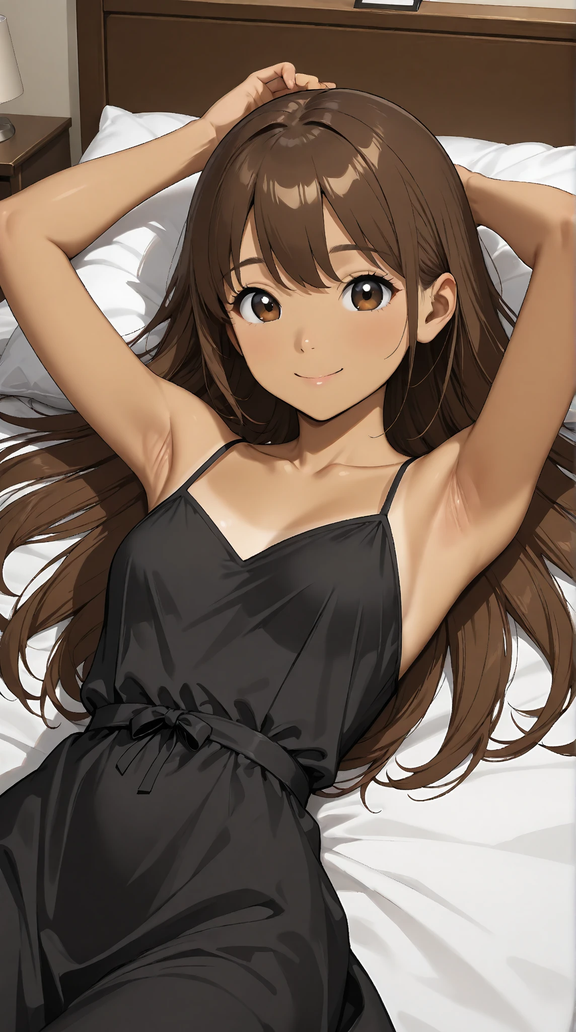 akamatsu ken <lora:akamatsu_ken_offset:1.2> narusegawa naru, masterpiece, best quality, pencil sketch, 1girl, antenna hair, armpits, blush, breasts, brown eyes, brown hair, cleavage, dress, hair spread out, long hair, lying, medium breasts, on back, sleeping, sleeveless, smile, solo, turtle, very long hair