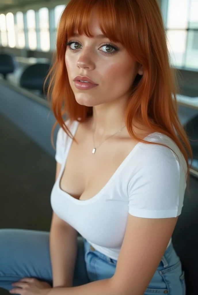 a 25 year old redhead European woman, con ojos azules, mirada sexy, poros detallados de la piel, piel clara, piel grasa, detalles intrincados de los ojos, todo el cuerpo, pechos grandes, Color brillante, camisa masculina blanca, en la cubierta de un yate