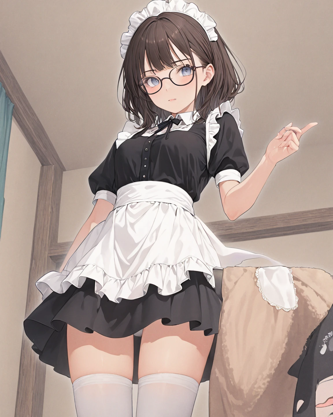 (masterpiece), (highest quality), ((Super detailed))、(super delicate)、Cute naughty peasant woman、Pastel colors hair、medium breasts、Thighs、Gorgeous、black hair, short hair, (low twintails), glasses, standard height, (anxious face:1,2、blush:1.2, quiet personality:1.2), (naked)