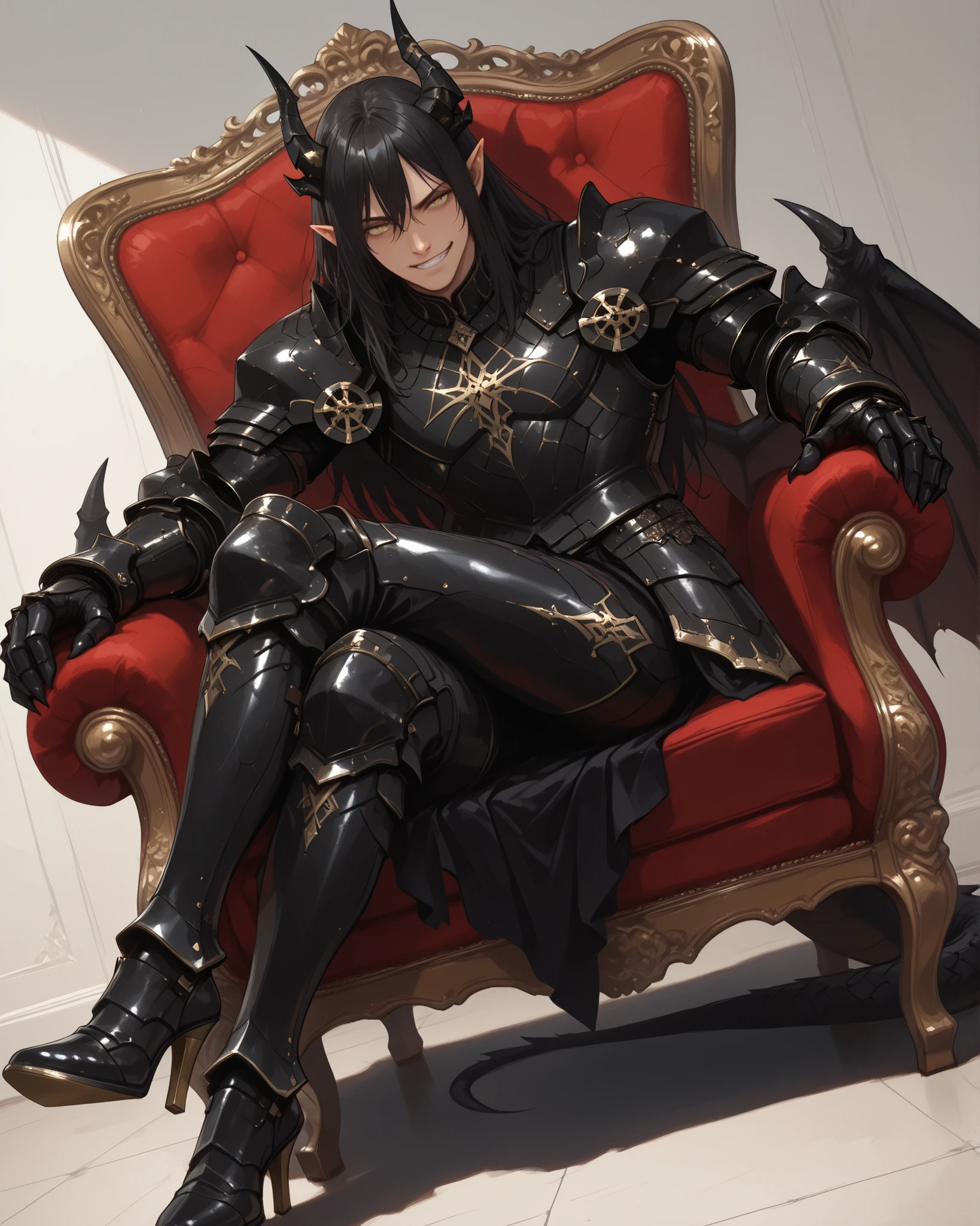 score_9, score_8_up, score_7_up, absurdres, (128K Ultra High Resolution), (masterpiece, best quality: 1. 5), (high definition: 1, 3), highres, 8K wallpaper, (excellent graphics: 1. 5), CG, (((Japanese Anime style))), (1 male), solo, lean body, (masculine), floating in the air, weredragon, (glossy black, shiny black leather), ((beautiful golden eyes, finely detailed eyes, bright eyes, slit pupils)), hair between eyes, black hair, long hair, sideburns, wild hair, (sly grin, sinister grin, smirk), teeth, confident, ((ultra detailed face)), shiny skin, long pointy ears, twisted torso, long-legged, sculpted face, wasp waist, dragon horn, dragon tail, dragon wings, dragon sharp claws, (black armor with a lot of grandiose decorations: 1. 5), half dragon half human, (sit cross-legged, closed legs, luxury carved baroque red chair: 1. 5), (dramatic angle, dynamic pose: 1. 5), (ultra detailed black armor, well-polished black armor: 1. 5), (gold-adorned armor: 1. 5), all black outfit, full body, emphasize face, sharp focus, good-looking man, (best illustration, highly detailed artwork: 1. 5), cinematic, dramatic lighting, (intricate detail, extreme detailed, super detailed: 1. 5), chiseled features, (stark contrast, heavy shadows: 1. 3), detailed black decorations, beautiful & aesthetic, photoreal, (from side), (mysteriously crafted black metal armor: 1. 5), thick & luxuriant hair, (ultra detailed fantasy black armor, wonderful black armor: 1. 5), (realistic metal texture), broad shoulder, true-to-life visuals, artistically refined, (extremely delicate & beautiful armor, elaborate armor details: 1. 5), (giant black armor, dark armor, stylized armor: 1, 5), (((armor-type high heels))), (extremely detailed armor with intricate engravings, intricate armor with gold ornaments: 1. 5), ((very gorgeous and dazzling)), (dark fantasy black knight: 1. 5), slim waistlines, wide chested, sinewy body, (Hyper Detailed & Perfectly Designed Black Armor: 1. 5), (simple white background), windy