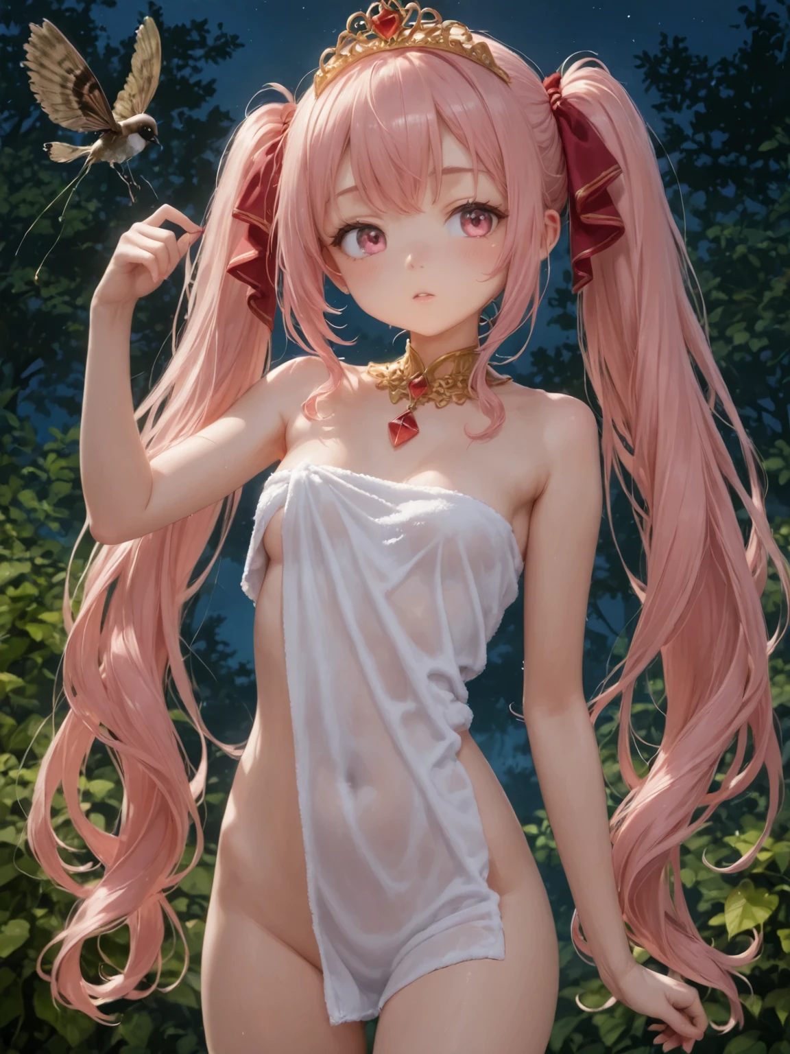 16 years old、blonde、medium long hair、red eyes、1 cute girl、alone、and soul、topless、nipple、white panties、透き通るwhite skin、white skin、beautiful skin、beautiful feet、slim legs、garden、sit on top