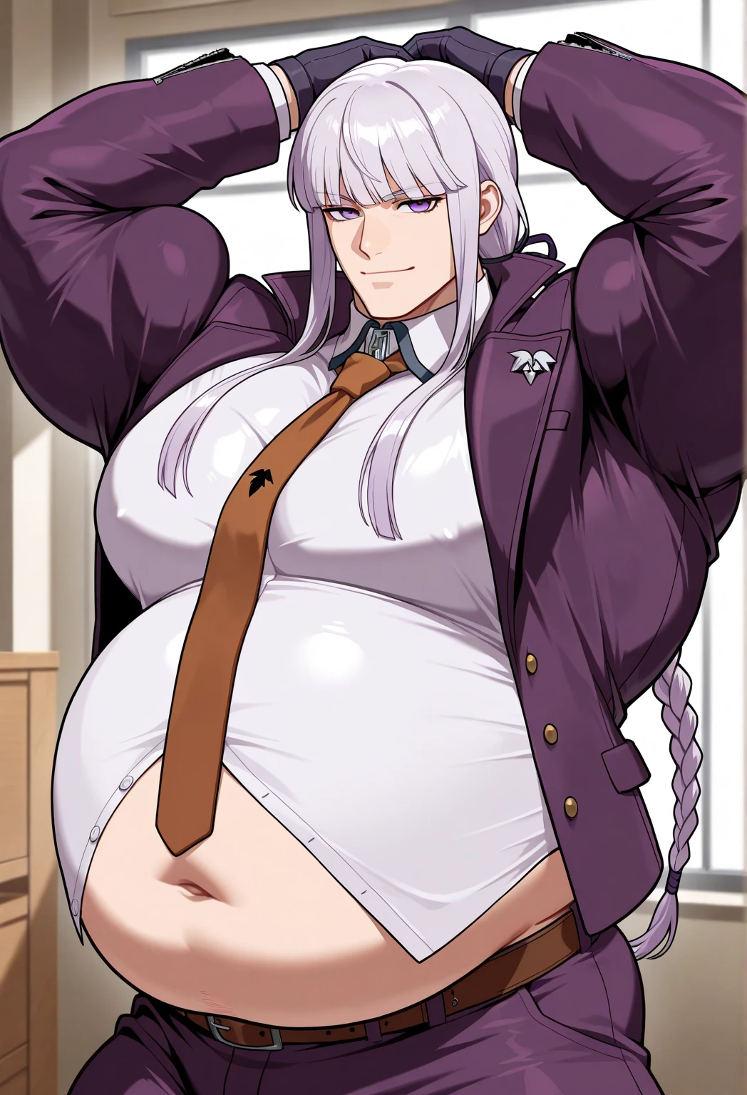 Anime Women, Lady、Forehead、Long braids down to the waist、Purple Hair、Glasses、Sharp eyes、Purple lips、Cobalt blue body、Cobalt blue skin、Are fat、Chubby、Voluptuous、obesity、Double chin、Thick neck、Big Breasts、Saggy breasts、Thick upper arms、Thick arms、thick fingers、Fat belly、Sagging belly、Thick legs、Big Ass、Brown clothes、brown business suit、Sweaty、Embarrassing、Side Shot