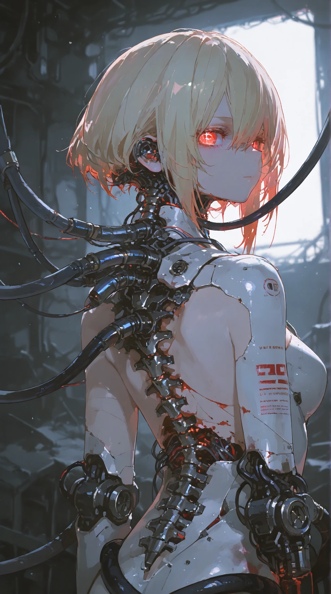 (((masterpiece))), (((best quality))), ((ultra-detailed)), (highly detailed CG illustration), ((an extremely delicate and beautiful one)), (sideways), cinematic light, ((1 mechanical girl)), solo, full body, (machine-made joints: 1.2), ((mechanical limbs)), (blood vessels connected to tubes), (mechanical vertebra attaching to the back), ((mechanical cervial attaching to the neck)), (sitting), expressionless, (wires and cables attaching to the neck:  1.2), (wires and wires in the head: 1.2) (character focus), science fiction, extreme details, colorful, the most detailed COLORED CABLES A CONTROL PANEL WITH HUNDREDS OF HUMANS USED AS A POWER SOURCE CHAINED HEAD IN THE BACKGROUND A PERCENTAGE OF TRASHMETAL
