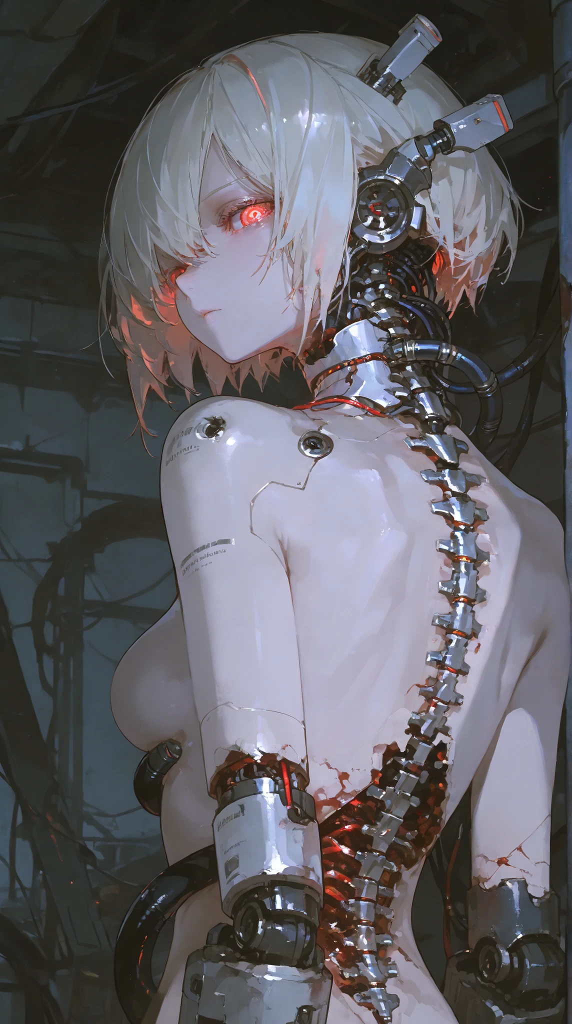 ((8K resolution))、((highest quality))、((masterpiece))、((Very detailed))((((dramatic))), (Anatomically correct)、The depth of the object to write、Looking at the camera、front、(woman、Mechanical bones格、Mechanical boneechanical Cervical Vertebra、Long and thin、lipstick、Spit sludge from the mouth、Bloody)、spooky、an  ominous、((theme、whole body:1.1)), SF、Design、White Background