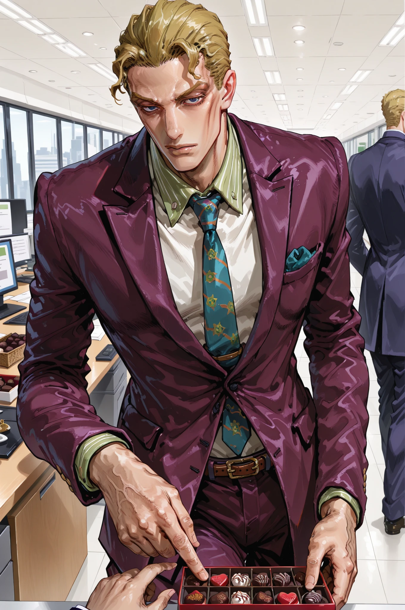 Yoshikage Kira, short hair, blonde hair, cheekbones, suit, collared shirt, tie, belt, pants, poking out a box of chocolates with one hand,office,(solo / solo focus),((1man)),







