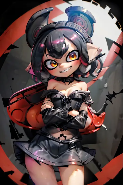((masterpiece、highest quality、Very detailed))、Real Anime、Splatoon Girl、Black tentacle hair、short hair、Twin-tailed tentacle hair、Golden Eyes、Wicked Smile、((Grin))、rouge、blush、gigantic breast、Cleavage、((Black ruffled clothes))、Off the shoulder、Strapless、((Black leather jacket))、((Red Edge Skirt))、Cowboy Shot、Nightclub Background