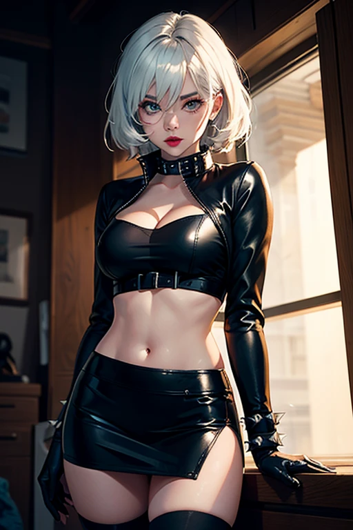 (((of the highest quality: 1.4))),(unparalleled masterpiece ever), (Ultra high definition),(Ultra-realistic 8K CG), offcial art、 (((adult body, accentuated super huge enormously gigantic breasts, deep cleavage showing))), (((1girl in))), ((( very long hair in pigtails ))), Punk girl with a perfect body, leather corset thigh high boots and mini thong with lots of straps buckles and zippers,Beautiful and well-groomed face,Fancy makeup,Detailed harajuku punk fashion, leather corset thigh high boots and mini thong, (Image from head to thigh, sitting spreading her legs open),((Platinum white hair )), Harajuku-inspired hooded jacket, Simon Bisley's urban savage style,Detailed street background of luxurious bedroom,Clean abs, Complex graphics, dark pink with white stars and gray and white stripeany poisonous tattoos )), piercings,