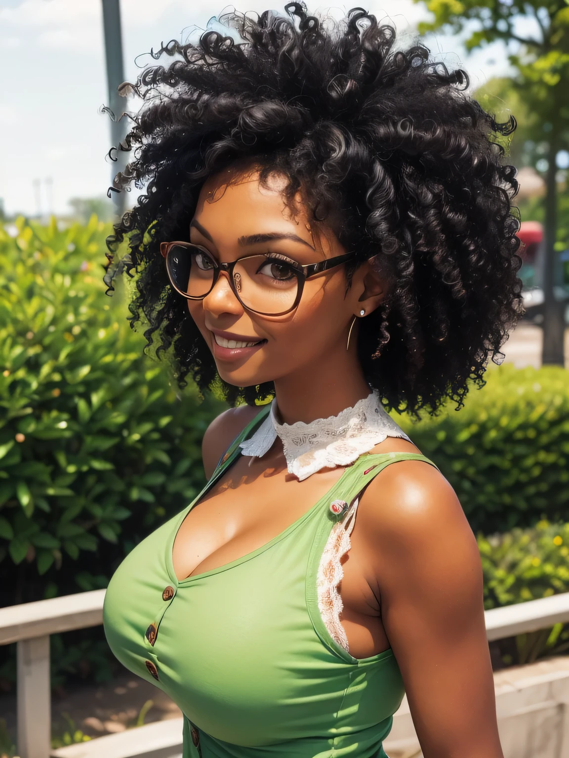( absurdo, high definition , ultra fino, Take care of your hand ) Close-up view of a thin and athletic woman (professora), 25 anos, 16k (( high definition )), sorriso lindo, olhar sedutor, olhos castanhos, teacher wearing a green t-shirt (( with buttons, Italian lace collar, mangas curtas )), cintura fina, cinto preto, she is wearing glasses, arms at her sides, ebony skin , cabelo preto (( Short and curly )), She is alone in a garden (( upper body, side view )), with freckles on the neck and breasts , (( big round breasts, suaves )), (( Well defined collarbone)). estilo marvel (( QG )), tulip garden in the background.