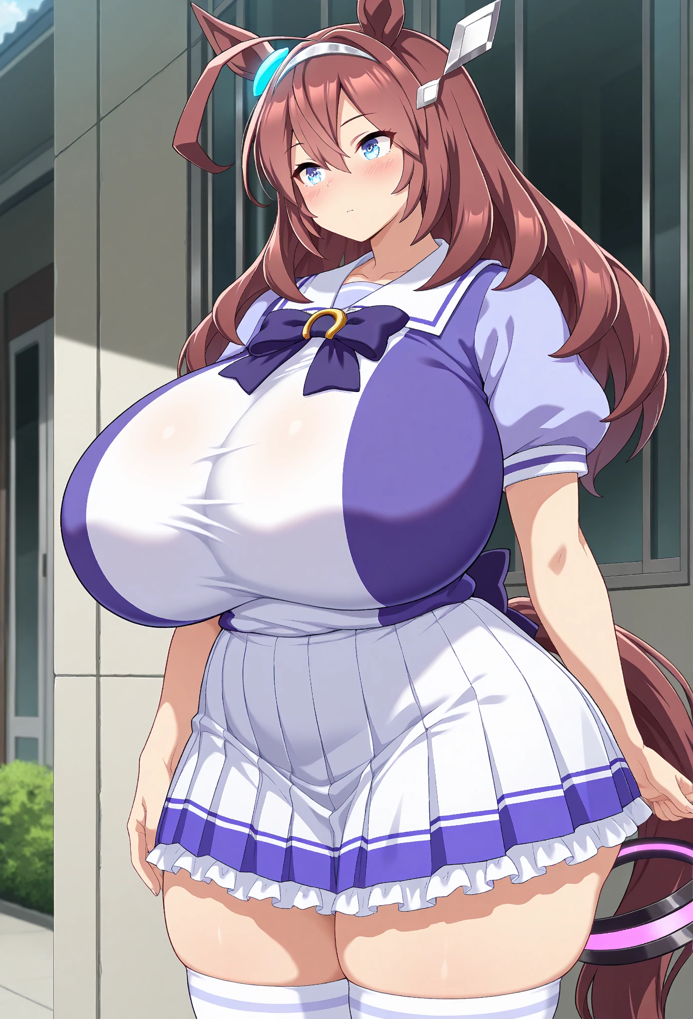 masterpiece, best quality, highres, 1girl, daiwa scarlet (umamusume), horse ears, long hair, twintails, tiara, horse tail, very long hair, brown hair, long sleeves, gigantic huge breasts, Whipped thighs,Trasen School costume, white thighhig, White skirt, sailor shirt,Sailor collar, Purple shirt, a miniskirt,bangs,fang, red eyes, hair,between eyes, hair bow, smile,standing,short stature,very near,lascivious,Females in heat,lecherous look,SFW,