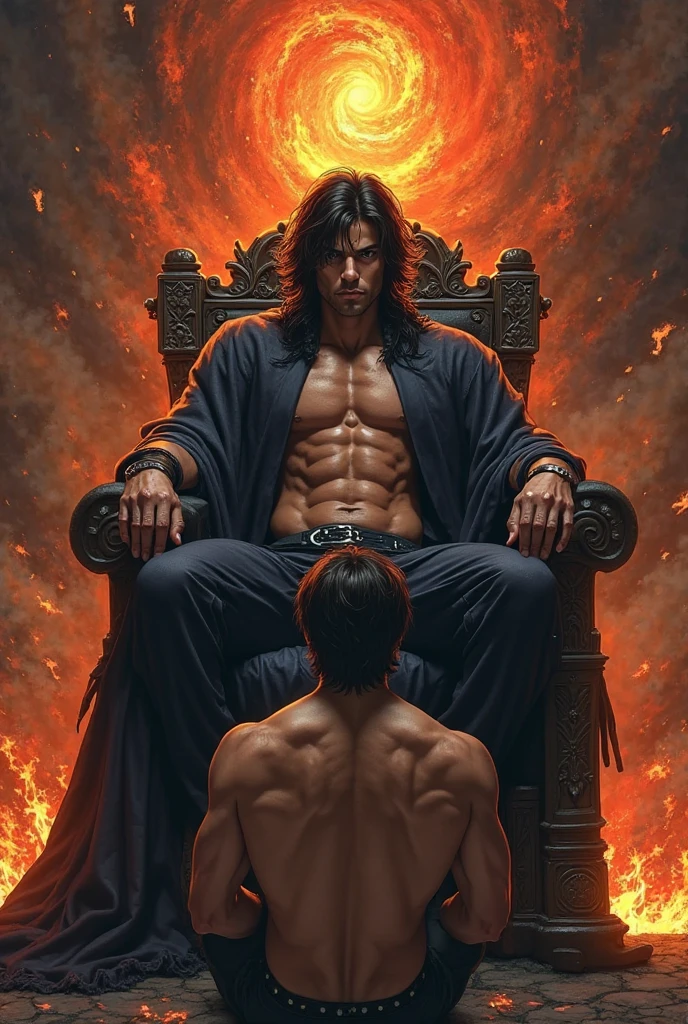 Relaxing on a fiery throne, the god of fire, a handsome tribal man with black hair, exudes power with intense glowing eyes and tribal tattoos. His pose is majestic, bathed in dramatic cinematic lighting, creating an atmosphere of divine authority. Large pectorals, open legs