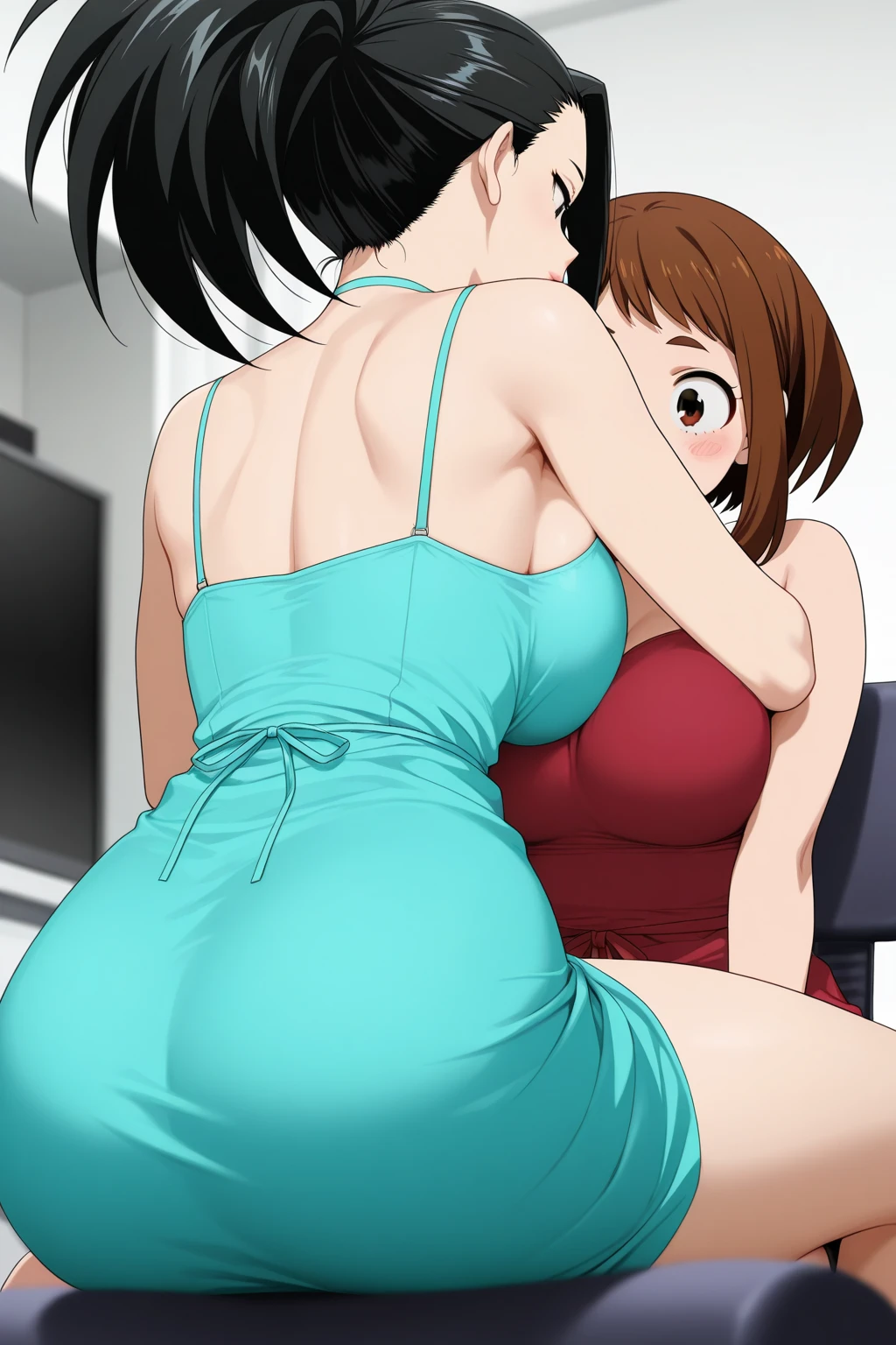 masterpiece, highest quality, High resolution, One girl, 1boy, sexual intercourse, Pornographic images, short hair, etsukoto, brown Eyes, fine grain, fine grain, (((Thick thighs, Plump thighs, Voluptuous thighs, Thighs alone are enough))), Huge and ample breasts, Cleavage, big long breasts, Naughty big,((big breasts are important))、((Naughty thighs)), L Cup, (thin:1.4),(Tight waist:1.4), (yellow dress:1.4), ((white waist apron)), white panties, anguish, open mouth, blush, (((Simple Background))), ((Wide Hips)), Shiny, Oily skin, Mature mother, Calf, Seductive mature woman, Perfect body, Plus Size Model, curvy, ample, etsukoto, blush, clavicle, retro artstyle, 1990s (style), (thick thighs:1.4), bursting thigh, vaginal sex, dorsal position, sex, hetero, from side, nsfw,
