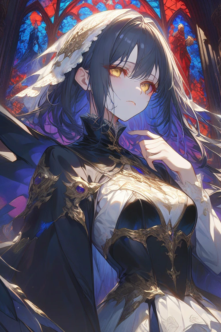 A womann whowears a minimalistic costume consisting of delicate, thin chains and ornamental pieces that barely cover her body. A translucent purple veil covers her lower face, and intricate jewelry adorns her neck, arms, and waist. Her eyes, framed by a look of subservience
Her short, raven-black hair and intense orange eyes