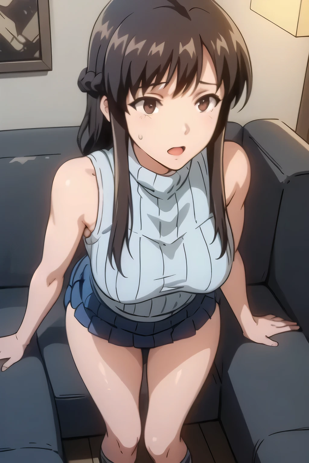 One Woman、cute女性、Thick thighs、Best image quality、High resolution、masterpiece、super high quality、Squat with your legs apart、cute、Striped bra、Striped panties、Panties visible through a very short pleated skirt、Big Ass、Big Breasts 、Blushing、4K quality、Blushing、Proud face、Wearing black knee socks、bed、Squat with your legs apart、Panty shot、Sweaty all over、Heavy breathing、Chest is bobbing up and down、heart、Condescending look、Low - Angle、Zoom in on the crotch、Cowboy Shot、(From below:1.8)、Sit on the living room sofa with your knees raised, Spread your legs