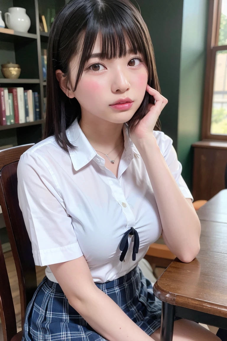 (8k, Photorealistic, Raw photo, Highest quality: 1.4),Japanese idol-style beautiful girl,1 person,17 years old,Hairstyle(Short Bob,Black :1.4),She has her hair tucked behind her ears,Large, clear grey eyes,Long eyelashes,Plump Cheeks,Thin and delicate shoulders,thin abdomen,(Pleated skirt(Plaid)Wear),(She is wearing a plain white short-sleeved blouse with the bottom left unbuttoned),(The chest is wide open and the collarbone and bra are exposed.(Pink)I can see),Blackの靴下を履いている,School classroom,(Sit on a desk(Spread your legs wide :1.4)),(Place your hands on your crotch),(Angle from below the front),Full body portrait