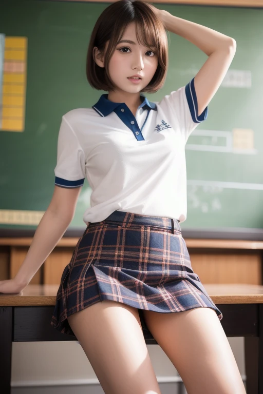(masterpiece:1.3, highest quality),  (realistic, photorealistic:1.4), perfect lighting, perfect anatomy, looking at the viewer, full body, Front view:0.6, 1 girl, alone, Japanese, high school girl, Improve, big breasts, big ass, seductive thighs, skin dents,
(short hair),  asymmetrical bangs, brown eyes, parted lips, (very tanned and shiny skin), smile,
beautiful hair, beautiful face, highly detailed face, detailed and beautiful eyes, beautiful clavicle, beautiful body, beautiful breasts, beautiful thighs, beautiful feet, beautiful fingers, ((collared short sleeve shirt, white shirt, school uniform, pink plaid pleated skirt, black tie)), white panties, polka dot hair scrunchie, 
( sexy pose), (enchanting smile), evening,Sit in the classroom,gal,(brown skin:1.5),(view from below), 1dildo
underwear
dildo under panties
dildo under clothes
dildo in pussy, open legs,
