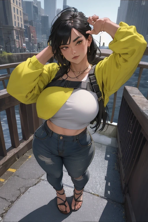 black girl, purple hair. Green eyes. Slender, athletic and elegant build. Yellow tank top, black latex pants, a denim jacket. She completed her outfit with yellow sneakers.amazing stunningly beautiful, most beautiful women ever. Big boobs, nsfw, big ass