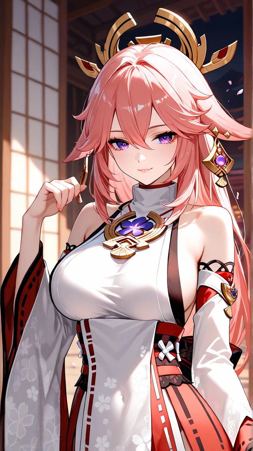 Realistic eyes, detailed shadow, view the viewer, Dog ears, cleavage，Detailed lighting,(detailed hairs, photo-realistic hair, Realistic lighting, realistic shaded, realistic dress), Realistic skin, (Waist gun:1), Realistic reflection of light from above,((arms back behind)),(with hands behind her back),tube top,Sexy,Night,Stockings,Naked,Bigboobs,big breast,Cherry blossoms, White skirt, White dress,full bodyesbian,A Japanese shrine,Pink filter element