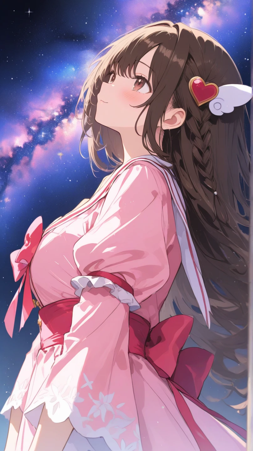 
Highest quality, shape, Very detailed, In detail, High resolution, 8k wallpaper, Perfect dynamic composition, Beautiful details, Center of chest, Natural color lip, Random sexy poses,smile,20-year-old girl,Huge , A woman with long, straight brown hair wearing a white dress and a red apron