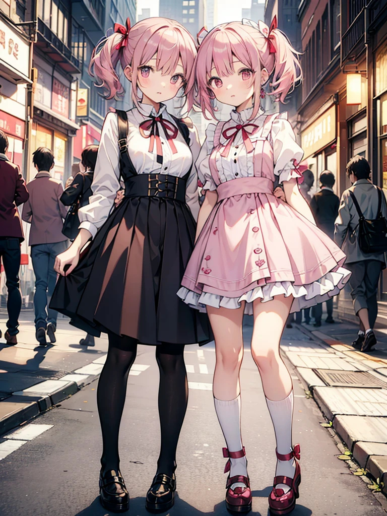 4 Girls with pink hair, long twintail hairstyle, ((small bushy eyebrows)), wearing gothic lolita clothing, lolicon , walking to school, flirty smile,, walking to school, bored look, bored face,, (sitting with legs open lifting her skirt to show her vagina wet with semen),