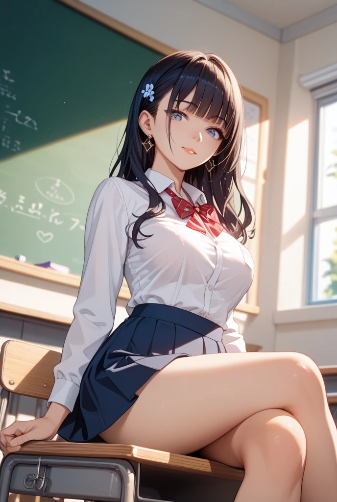 (Highest quality、Tabletop、Best image quality、Award-winning works。Ultra-high resolution、8K)、One girl,18-year-old, (Perfect Anatomy:1.1), (School classroom blurred background:1.2)、(blush:1.2), (Embarrassed smile:1.2)、Small breasts, Upper Body, (White polyester open button collar shirt:1.2), (Navy Pleated Skirt:1.1), (Leaning forward:1.4)、(Small cleavage:1.1)、School classroom floor、Front view、Perfect wood floor、Perfect floor、Red bow tie on chest