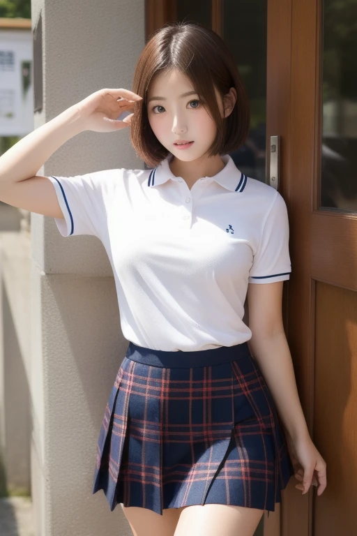 Browsing Caution, 8K RAW Photos, Highest quality, masterpiece, Ultra-high resolution, Film Grain, movie, One girl, Viewer&#39;s gaze, Natural skin texture, Realistic eye and facial details, ふっくらとしたlips, lipstick, (compensate), Red eyeshadow, Messy Hair, smile, Close your mouth, beautiful feet, Tall Woman, skinny, slim_feet, alone, Cleavage, , Super short skirt, Small Ass, shirt, Beautiful natural place, around flowers location, (Detailed Background), Checked skirt, White shirt, big , Cleavage, Show a little Cleavage through shirt, loafers, Blurred background, Blurred, Holding, please, Short sleeve, JK Ribbon around the neck, JK Ribbon, Brown Hair, bracelet, water, bangs, uniform, jewelry, lipsを離した, lips, Pleated skirt, Depth of written boundary, Black panties, Open feet, ((14 years old))), Thin thighs, Black knee-high socks