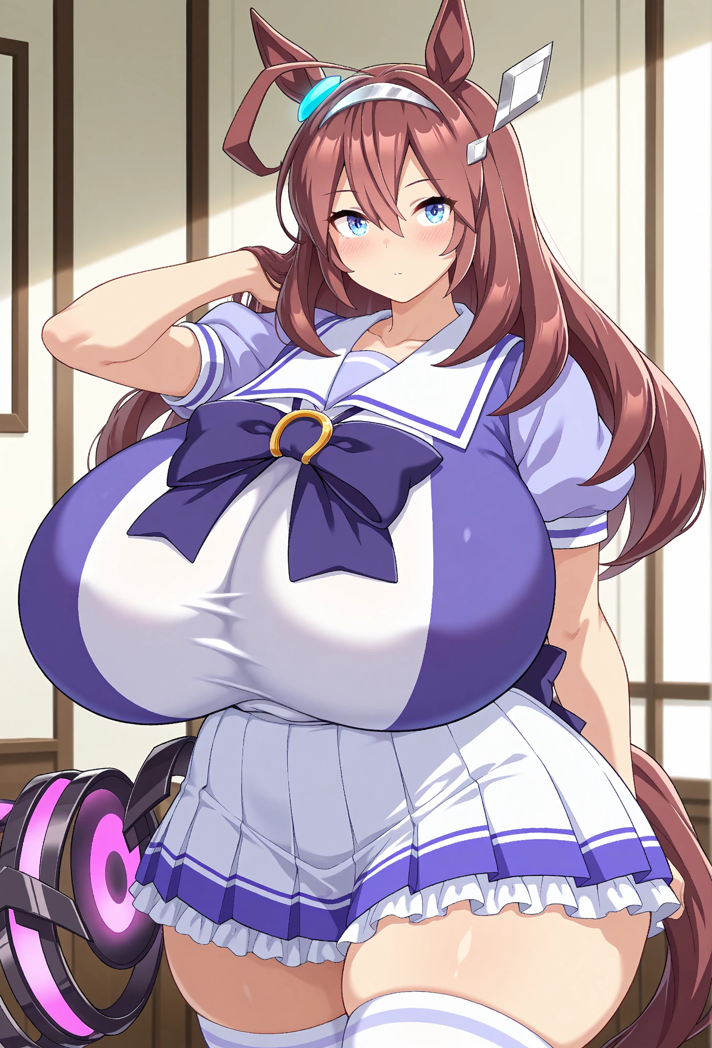 masterpiece, best quality, highres, 1girl, daiwa scarlet (umamusume), horse ears, long hair, twintails, tiara, horse tail, very long hair, brown hair, long sleeves, gigantic huge breasts, Whipped thighs,Trasen School costume, white thighhig, White skirt, sailor shirt,Sailor collar, Purple shirt, a miniskirt,bangs,fang, red eyes, hair,between eyes, hair bow, smile,standing,short stature,very near,lascivious,Females in heat,lecherous look,SFW,