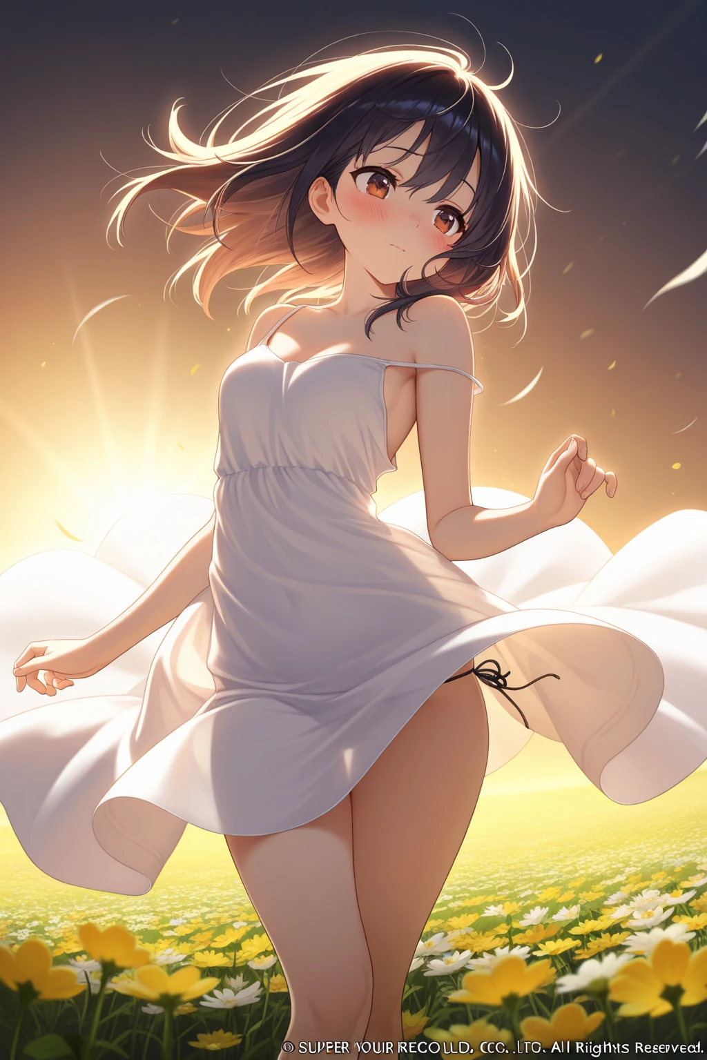 Superflat, Flat Shading, Flat Color, close, Low Angle, Wide-angle, One Girl, 19 years old,wedding dress, (White floral panties:1.2),Standing in a flowery meadow,At dusk,Beautiful sunrise,dark,Vibrant colors,