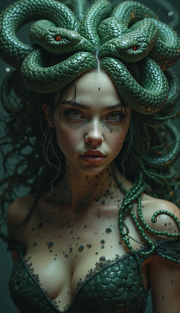 Topless girl , snakes for hair, detailed face, piercing eyes, flowing locks of snakes, pale skin, intricate snake scales, feminine figure, dramatic lighting, cinematic composition, dark fantasy, dramatic shadows, moody colors, rich textures, highly detailed, 4k, realistic, photorealistic, masterpiece