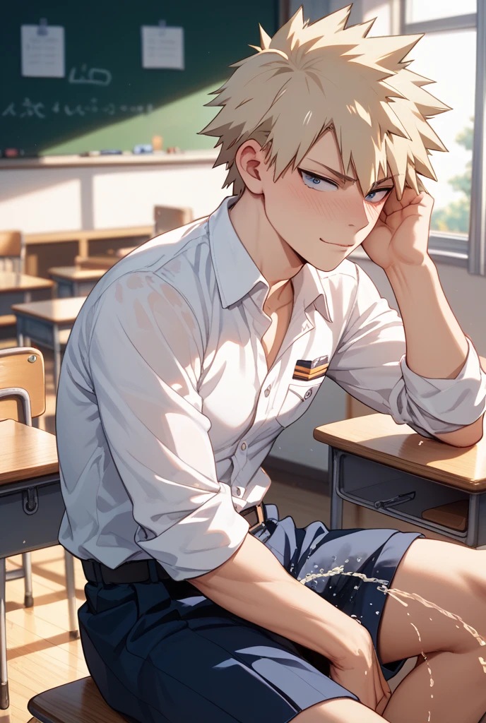 （1 Adult male），A high resolution， Sharp focus， Pixiv masterpiece， （（Complicated details））， highly  detailed， natsuki_subaru， 1 man，sit astride， Lazy，CRIT，full bodyesbian，Stretch out， blue color eyes（eyes glowing）， Short yellow hair，white  shirt，Wear a tie，Wear a belt，perspire，rain，Drenched，Sweaty crotch，look from down