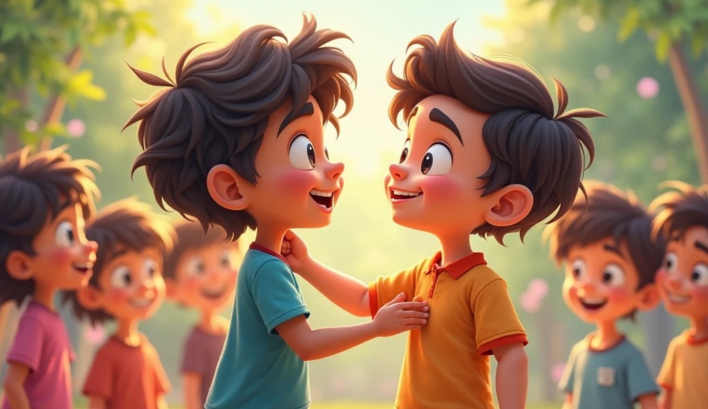 2 boys with black curly hair 1,73 on the altar and the other boy with short curly black hair, both looking at the screen smiling  "cartoon drawing style "